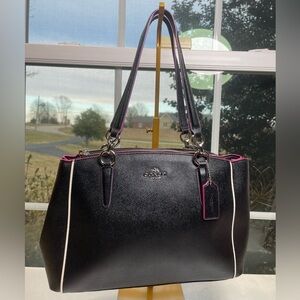 Coach Christie Carryall Black Crossgrain Leather with Pink/Magenta Piping NWOT